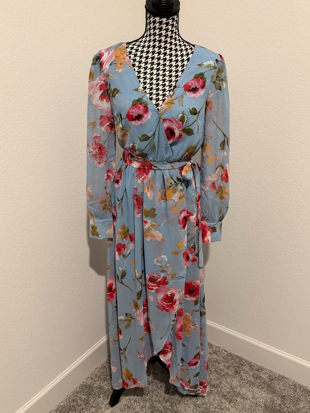 Light Blue Floral Faux-Wrap Midi Dress with Self-Tie Waist